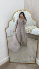 Load image into Gallery viewer, Light lilac / grey organza suit with embellishment and embroidery with duppata and trouser. Asian party wear suit.