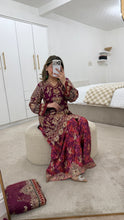 Load image into Gallery viewer, Pink Organza embellished 3 piece suit with wide leg silk trouser Eid collection party wear