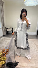 Load image into Gallery viewer, Raw silk black and white hand embroidered 3 piece suit with organza duppata