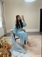 Load image into Gallery viewer, Ice blue Organza embellished suit with stonework. Organza duppata and silk trouser.