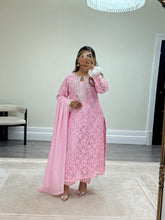 Load image into Gallery viewer, Lace net pearl embellished suit with trouser with chiffon duppata.