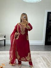 Load image into Gallery viewer, Beautiful handwork embroidered suit in red silk with cotton net duppata and trouser. Perfect wedding wear suit.