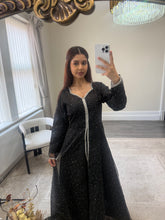 Load image into Gallery viewer, Mahira khan black sparkle suit with open gown style shirt. Duppata and trouser.