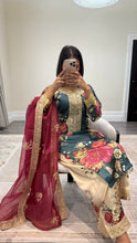 Load image into Gallery viewer, silk green floral embroidered 3 piece suit with khadi net duppata