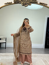 Load image into Gallery viewer, Mauve Organza embellished suit with stonework. Cotton net duppata and cotton silk trouser.