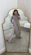 Load image into Gallery viewer, Light lilac / grey organza suit with embellishment and embroidery with duppata and trouser. Asian party wear suit.