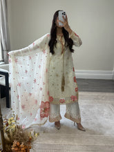Load image into Gallery viewer, Black/ white chiffon embroidered suit with sequin embroidery and embellishments. Chiffon duppata. Eid and party wear.