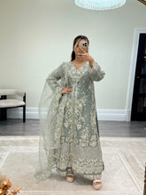 Load image into Gallery viewer, Light lilac / grey organza suit with embellishment and embroidery with duppata and trouser. Asian party wear suit.