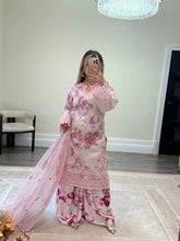 Load image into Gallery viewer, Pink floral embroidered suit with organza duppata and wide leg silk trouser. Eid collection. Party wear.