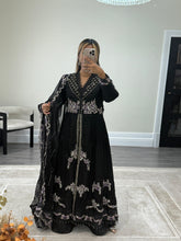 Load image into Gallery viewer, Maria b inspired black chiffon frock with embroidered and rhinestone detailing with trouser and chiffon duppata