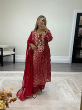Load image into Gallery viewer, Red embroidered suit with foil work and mirror work embellishments with trouser and chiffon duppata