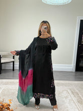 Load image into Gallery viewer, Black silk suit with embroidered sequin work and silk tye dye duppata and silk trouser
