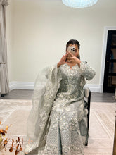 Load image into Gallery viewer, Light lilac / grey organza suit with embellishment and embroidery with duppata and trouser. Asian party wear suit.