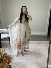 Load image into Gallery viewer, Black/ white chiffon embroidered suit with sequin embroidery and embellishments. Chiffon duppata. Eid and party wear.