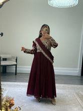 Load image into Gallery viewer, Chiffon frock style suit with sari draped duppata and hand embellishments and silk trouser. Eid collection. Party wear.