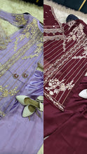 Load image into Gallery viewer, Lilac organza shirt with embroidery and silk wide leg trouser.