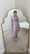 Load image into Gallery viewer, Defective Lilac / silver cotton net embroidered suit with cotton net duppata and crepe trouser (Copy)