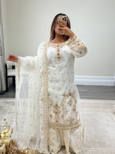 Load image into Gallery viewer, Elegant white beauty diamonte 3 piece suit with organza duppata and sharara