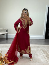 Load image into Gallery viewer, Beautiful handwork embroidered suit in red silk with cotton net duppata and trouser. Perfect wedding wear suit.