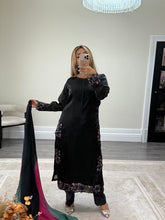 Load image into Gallery viewer, Black silk suit with embroidered sequin work and silk tye dye duppata and silk trouser