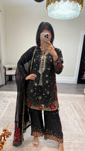 Load image into Gallery viewer, Black/ white chiffon embroidered suit with sequin embroidery and embellishments. Chiffon duppata. Eid and party wear.