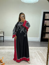 Load image into Gallery viewer, Black and pink  kaftan style long shirt with khadi net duppata and wide leg trouser