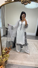 Load image into Gallery viewer, Raw silk black and white hand embroidered 3 piece suit with organza duppata