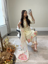 Load image into Gallery viewer, Black/ white chiffon embroidered suit with sequin embroidery and embellishments. Chiffon duppata. Eid and party wear.