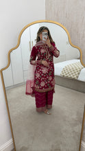 Load image into Gallery viewer, Jazmin inspired chiffon embroidered suit with chiffon duppata and wide leg embroidered trouser