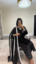 Load image into Gallery viewer, Black/pink velvet embroidered suit with velvet trouser and chiffon duppata