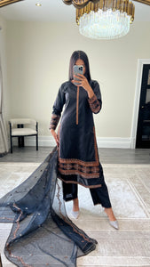 Black lawn embroidered lawn suit with cotton net duppata