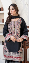 Load image into Gallery viewer, Black and Red Dhanak winter collection short shirt with button detailing with farshi shalwar and embroidered chiffon duppata (Copy)