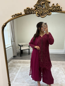 Croatia suit with embellishments and trouser. Chiffon duppata. South Asian party wear suits