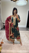 Load image into Gallery viewer, silk green floral embroidered 3 piece suit with khadi net duppata