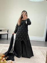 Load image into Gallery viewer, Organza cutwork embroidered shirt with wide leg silk plazzo and medium silk duppata. Eid collection