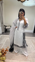 Load image into Gallery viewer, Raw silk black and white hand embroidered 3 piece suit with organza duppata