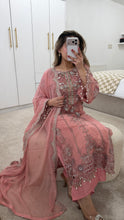 Load image into Gallery viewer, Light Pink Maria b inspired chiffon suit with embellishment and embroidery with chiffon duppata and trouser. Asian party wear suit.