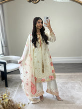 Load image into Gallery viewer, Black/ white chiffon embroidered suit with sequin embroidery and embellishments. Chiffon duppata. Eid and party wear.