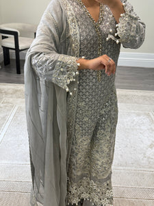 Grey Maria b inspired chiffon suit with embellishment and embroidery with chiffon duppata and trouser. Asian party wear suit.