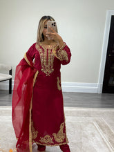 Load image into Gallery viewer, Beautiful handwork embroidered suit in red silk with cotton net duppata and trouser. Perfect wedding wear suit.