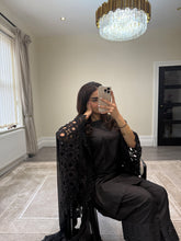 Load image into Gallery viewer, Crochet sleeve shirt with farshi shalwar and silk duppata with pearl finishing throughout