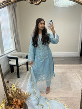 Load image into Gallery viewer, Ice blue Organza embellished suit with stonework. Organza duppata and silk trouser.