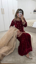 Load image into Gallery viewer, Red velvet embroidered suit with mirror work and wid leg trouser and organza duppata. Eid collection party wear