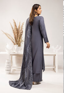 Dhanak embroidered shawl 3 piece suit Grey