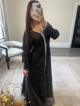 Load image into Gallery viewer, Mahira khan black sparkle suit with open gown style shirt. Duppata and trouser.