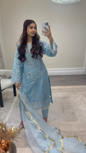 Load image into Gallery viewer, Ice blue Organza embellished suit with stonework. Organza duppata and silk trouser.
