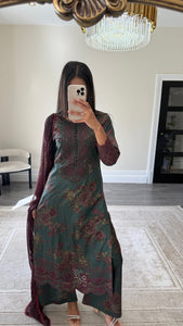 Maria B inspired embroidered lawn suit green and plum