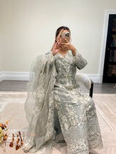 Load image into Gallery viewer, Light lilac / grey organza suit with embellishment and embroidery with duppata and trouser. Asian party wear suit.