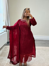 Load image into Gallery viewer, Sparkle Golden chiffon suit with embroidered chiffon duppata and trouser. Party wear. Eid collection.