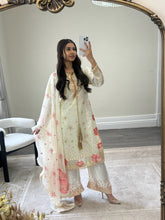 Load image into Gallery viewer, Black/ white chiffon embroidered suit with sequin embroidery and embellishments. Chiffon duppata. Eid and party wear.